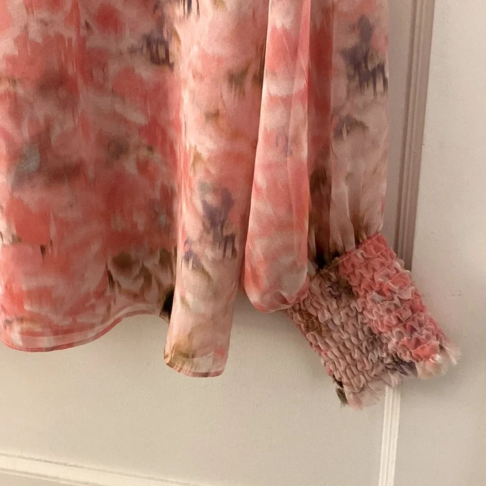 Misa Los Angeles Pink Long Sleeve Ruffled Blouse with Mandarin Collar - Picture 4 of 7